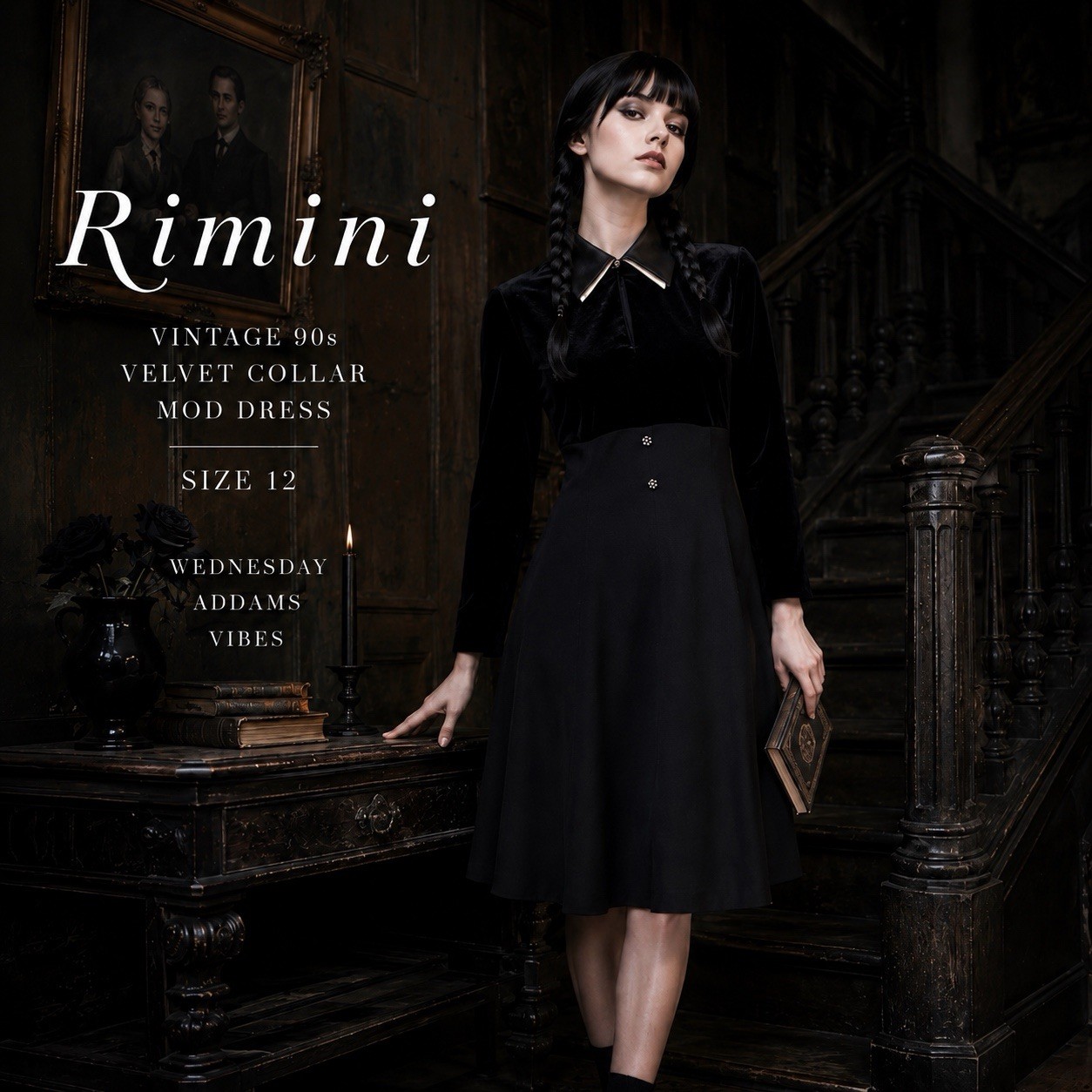 Vintage Rimini Black Velvet Gothic Mod Dress Wednesday Addams Size 12