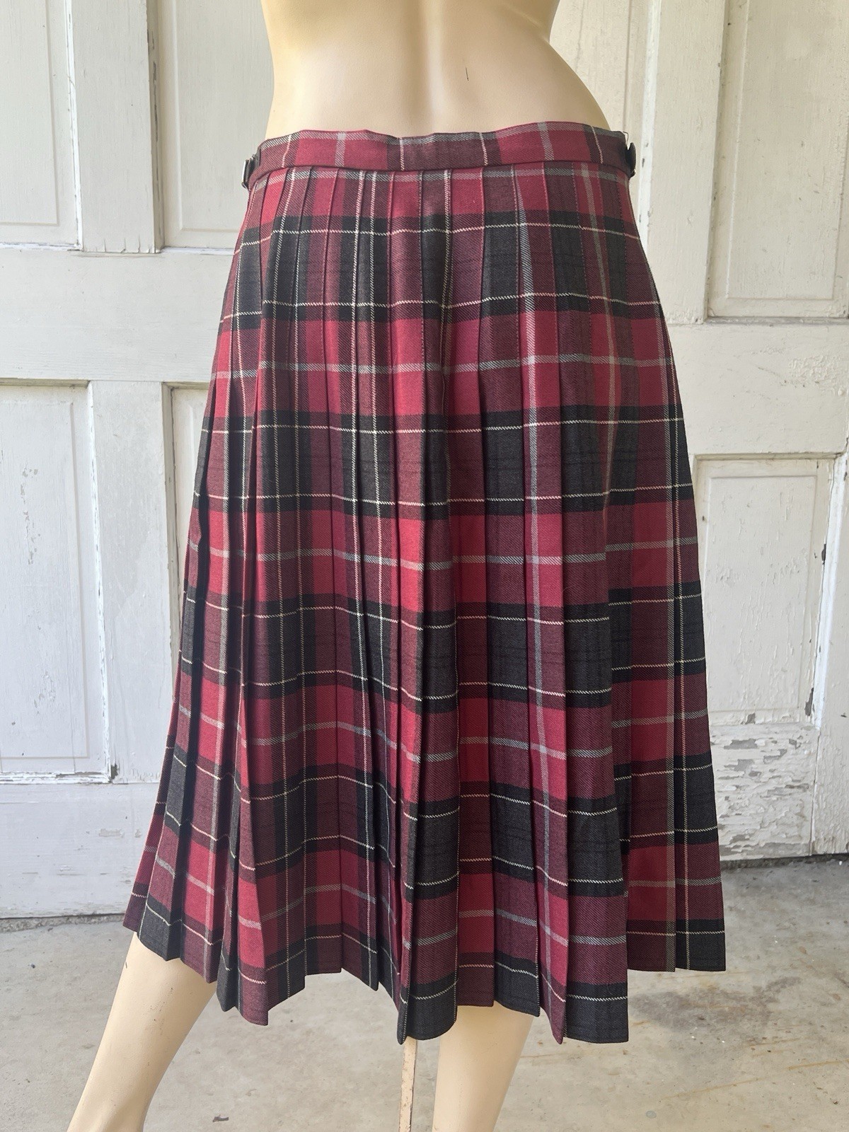 Vintage 80s Wool Kilt Skirt Pleated Buckle Back Wrap Plaid Black Red Gray Tartan