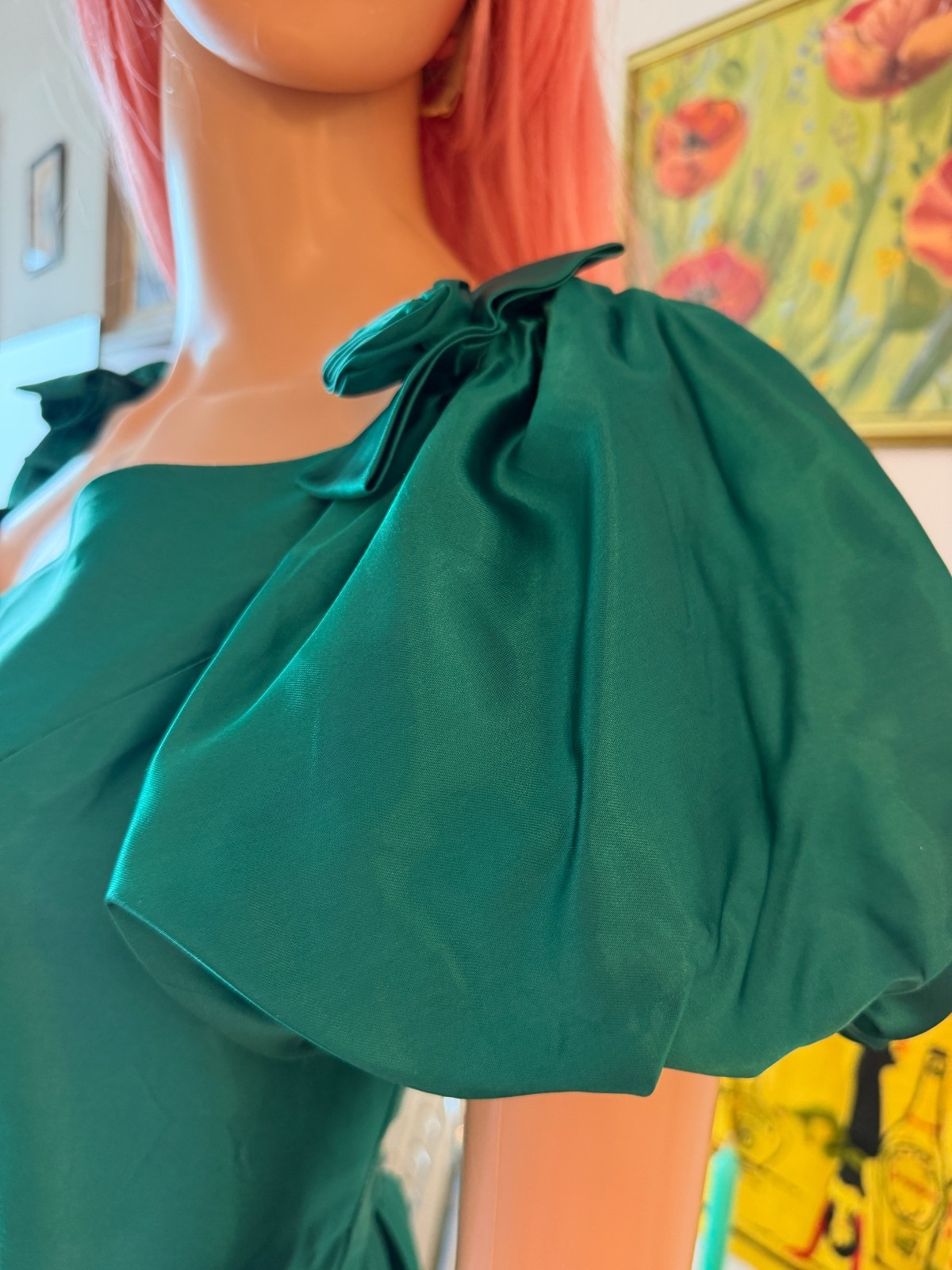 💚 Vtg 80s Party Prom Emerald Green Taffeta Gown Puff Slv Ballgown Prom Dress M