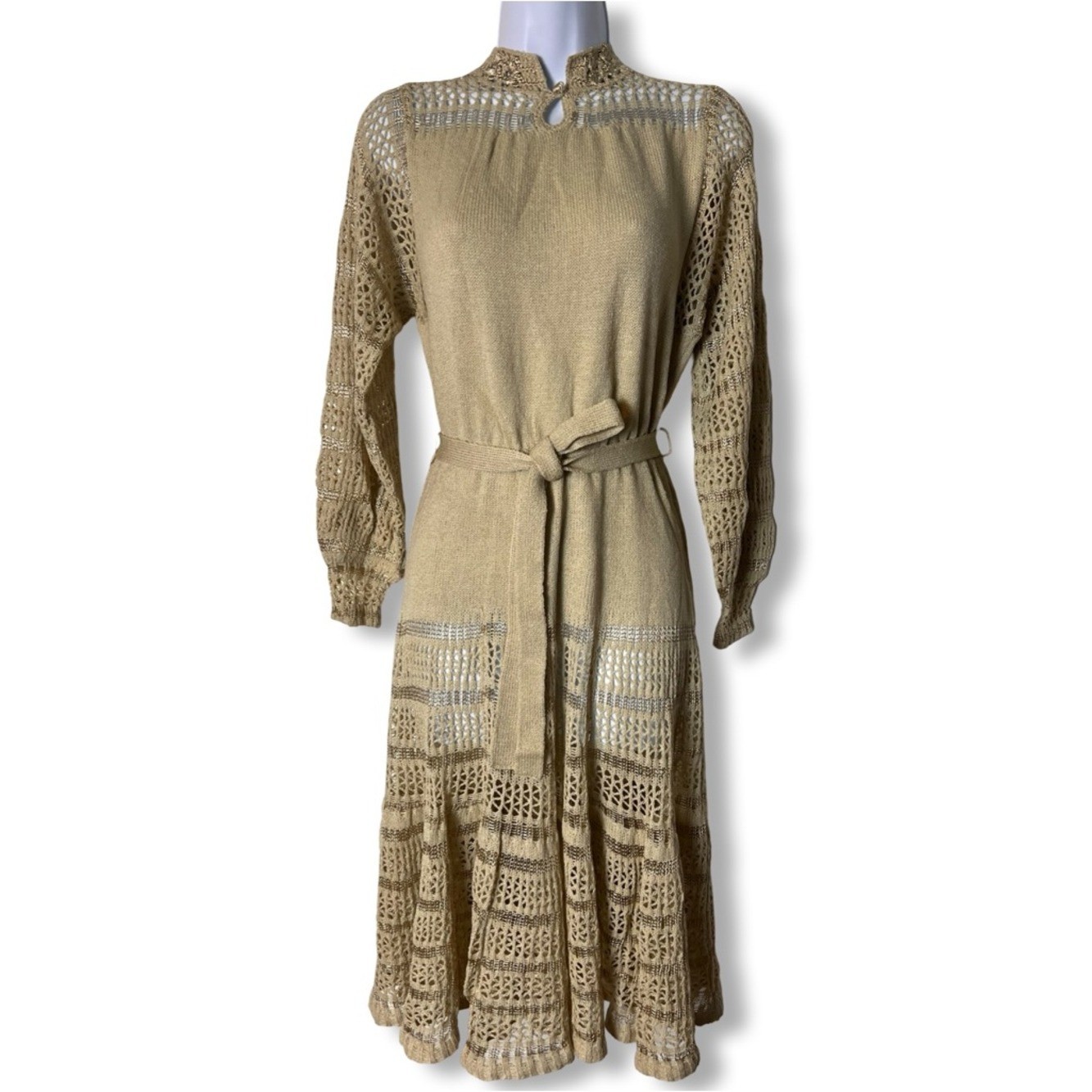 Vtg Miss JoAnn California Open Weave Crochet Lurex Knit Belted Midi Dress S/M