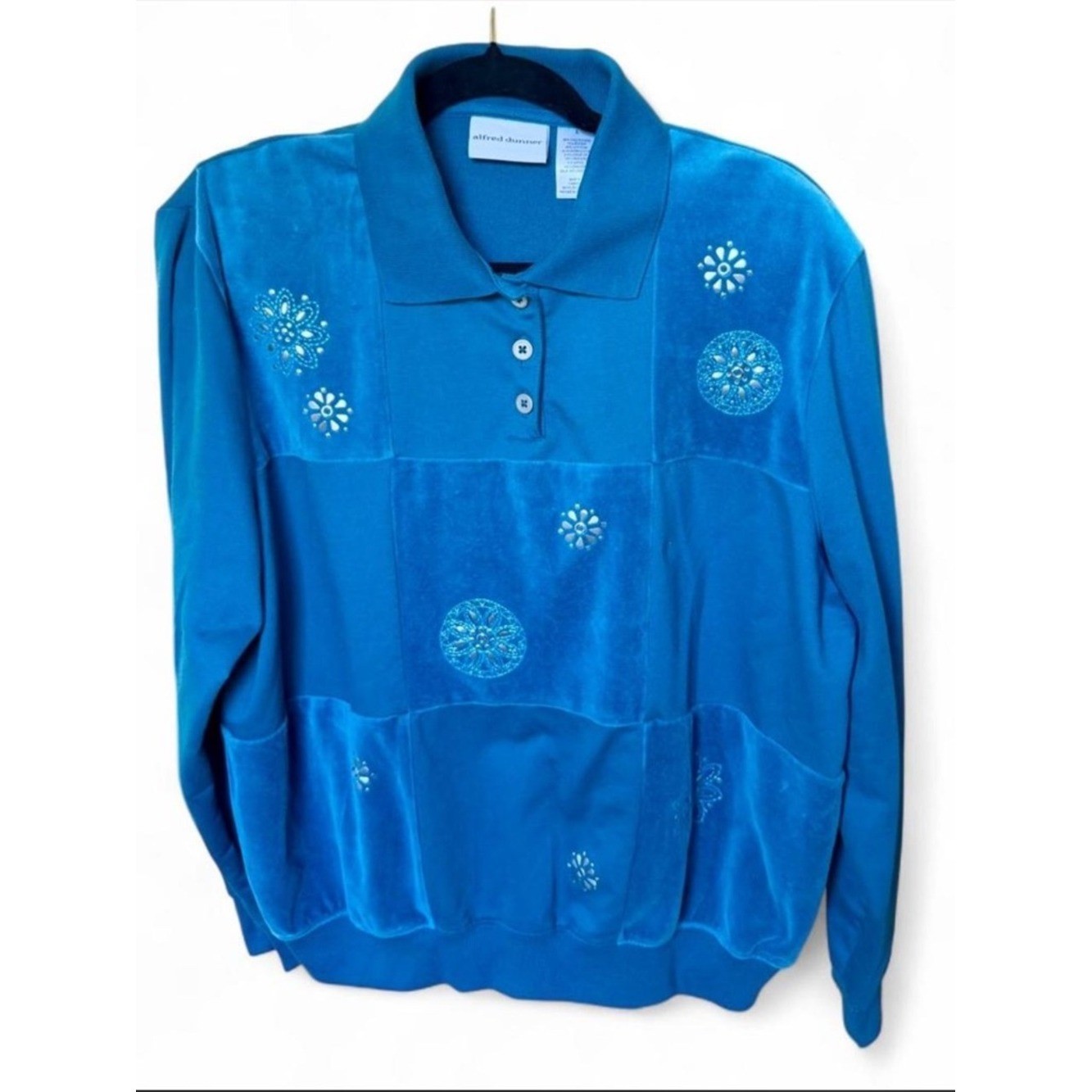 Vintage Alfred Dunner Teal Velour Patchwork Polo Top ✨ Size L