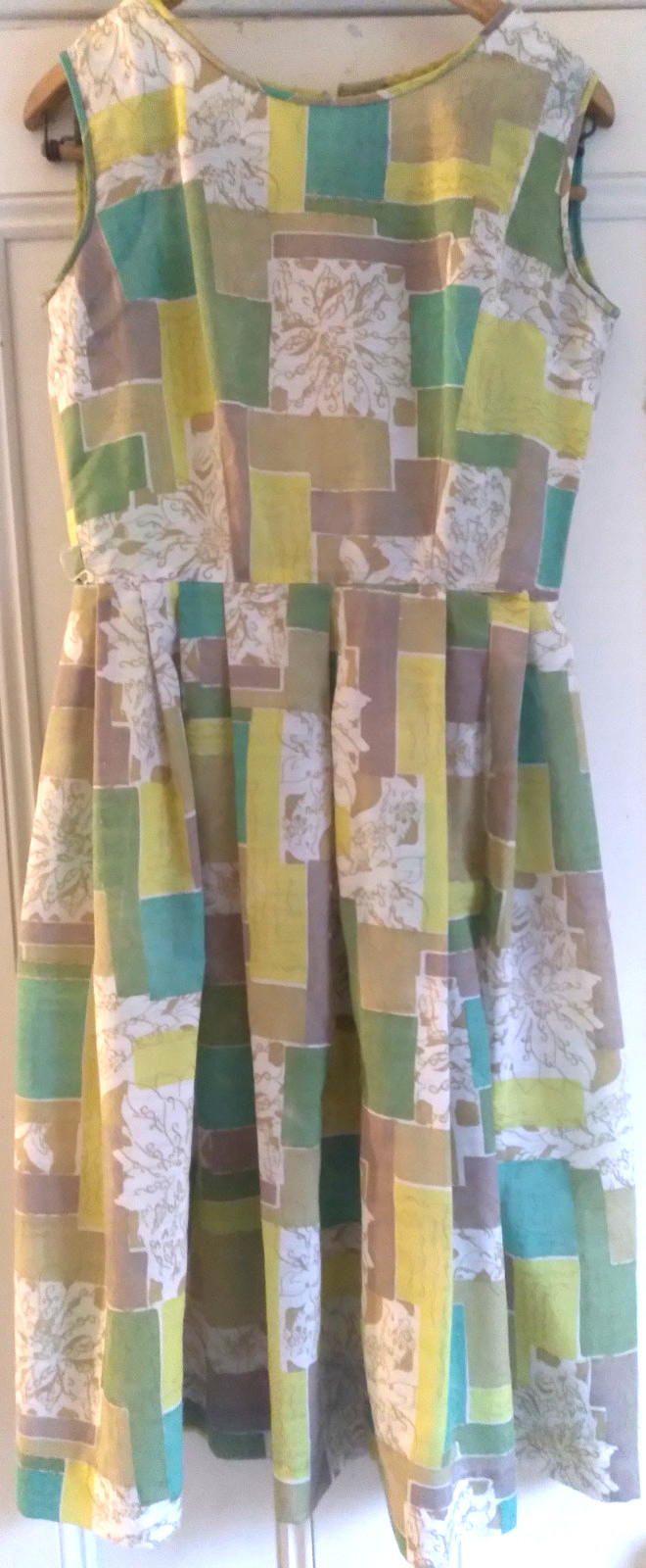 Vintage 50s Dress M Novelty Print Green Yellow Original Belt cotton chiffon 60s