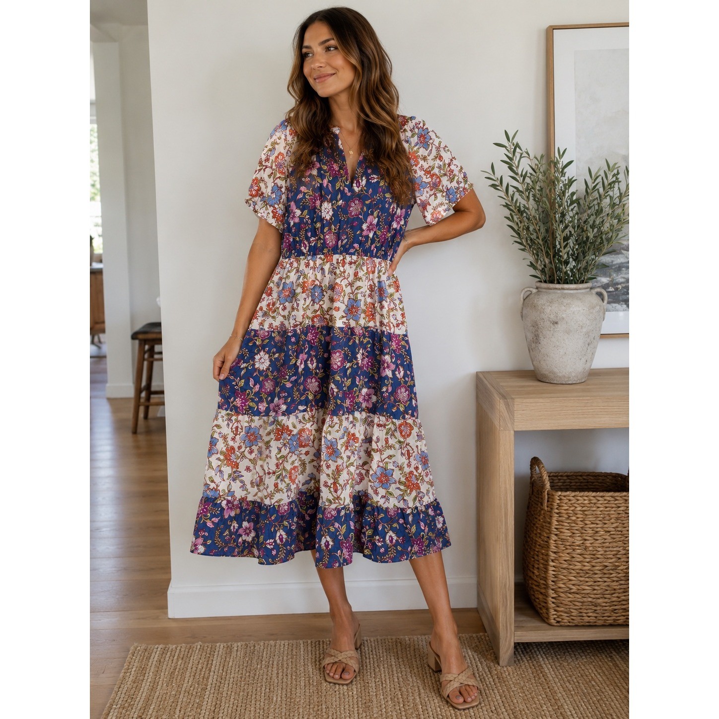Harlow & Rose Floral Boho Tiered Midi Dress Cottagecore Prairie NWT Medium