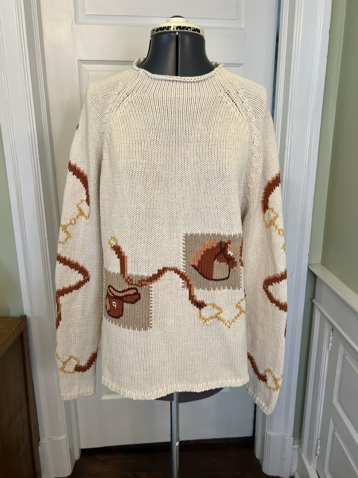 Vtg. Kristin for Miler’s Equestrian Horse Ramie Cotton Knit Mockneck Sweater XL