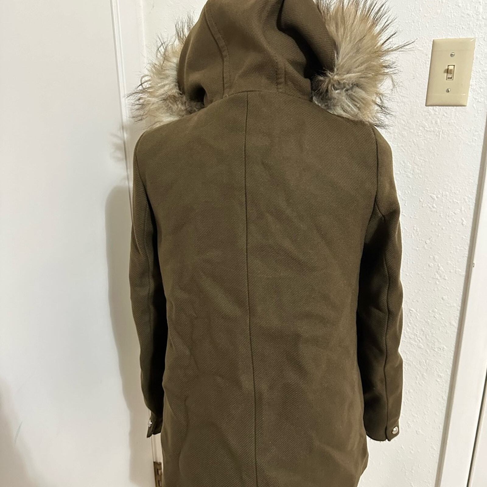 ZARA khaki army green faux fur trim hood duffle coat size XS