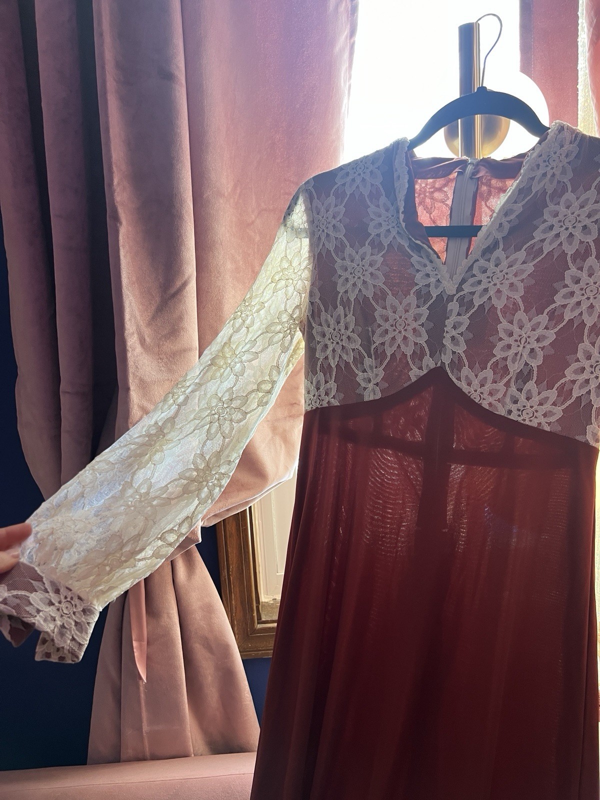 Handmade Vintage Dress 70s Cream Lace Rust Burgundy Gown Maxi Long Sleeve S/M