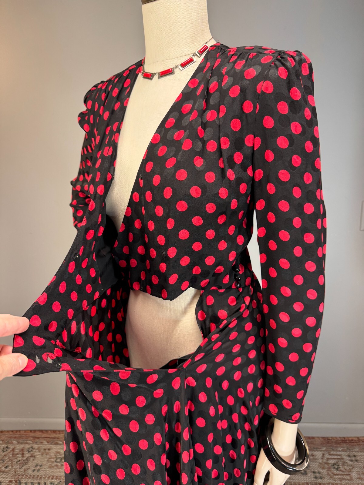 80s Silk Designer Wrap Shirt Dress Albert Nipon Polka Dot Red Black 200+ sweep!!