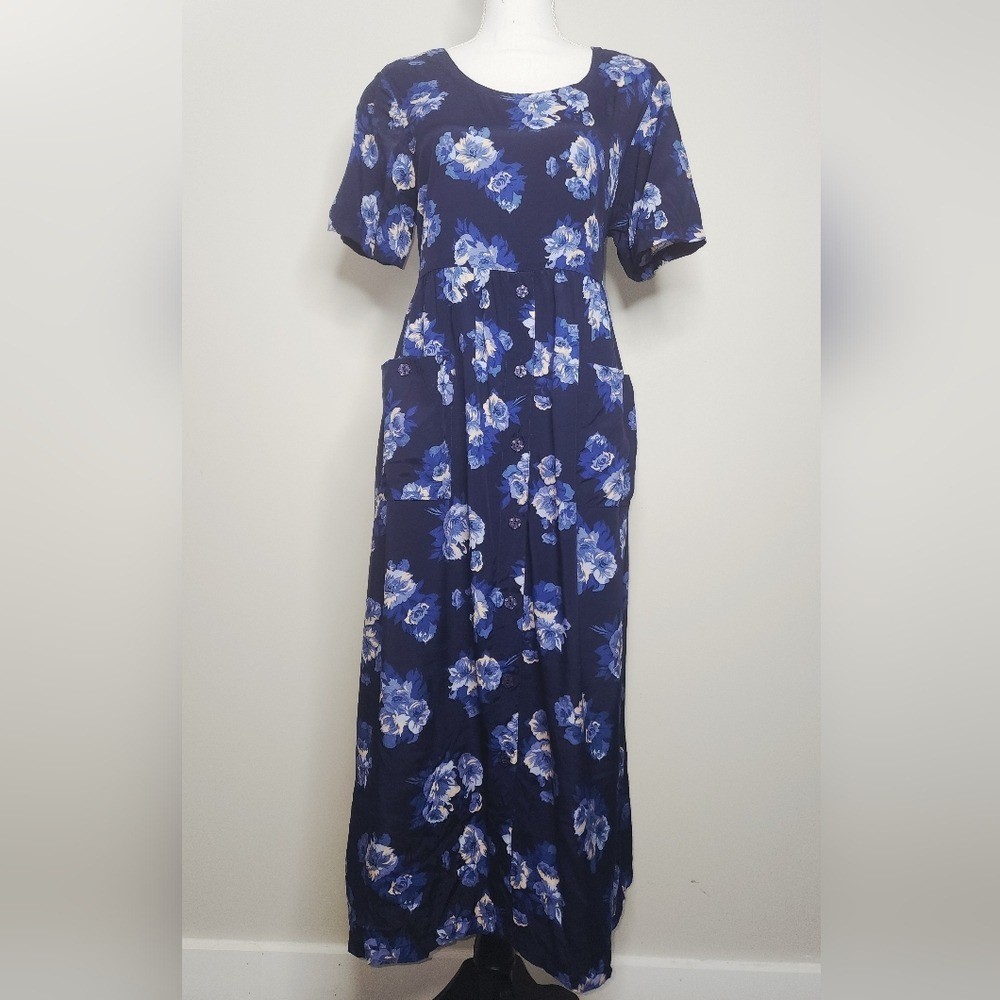 Vintage Erika 90s Blue Floral Midi Dress Tieback Cottagecore Rayon M