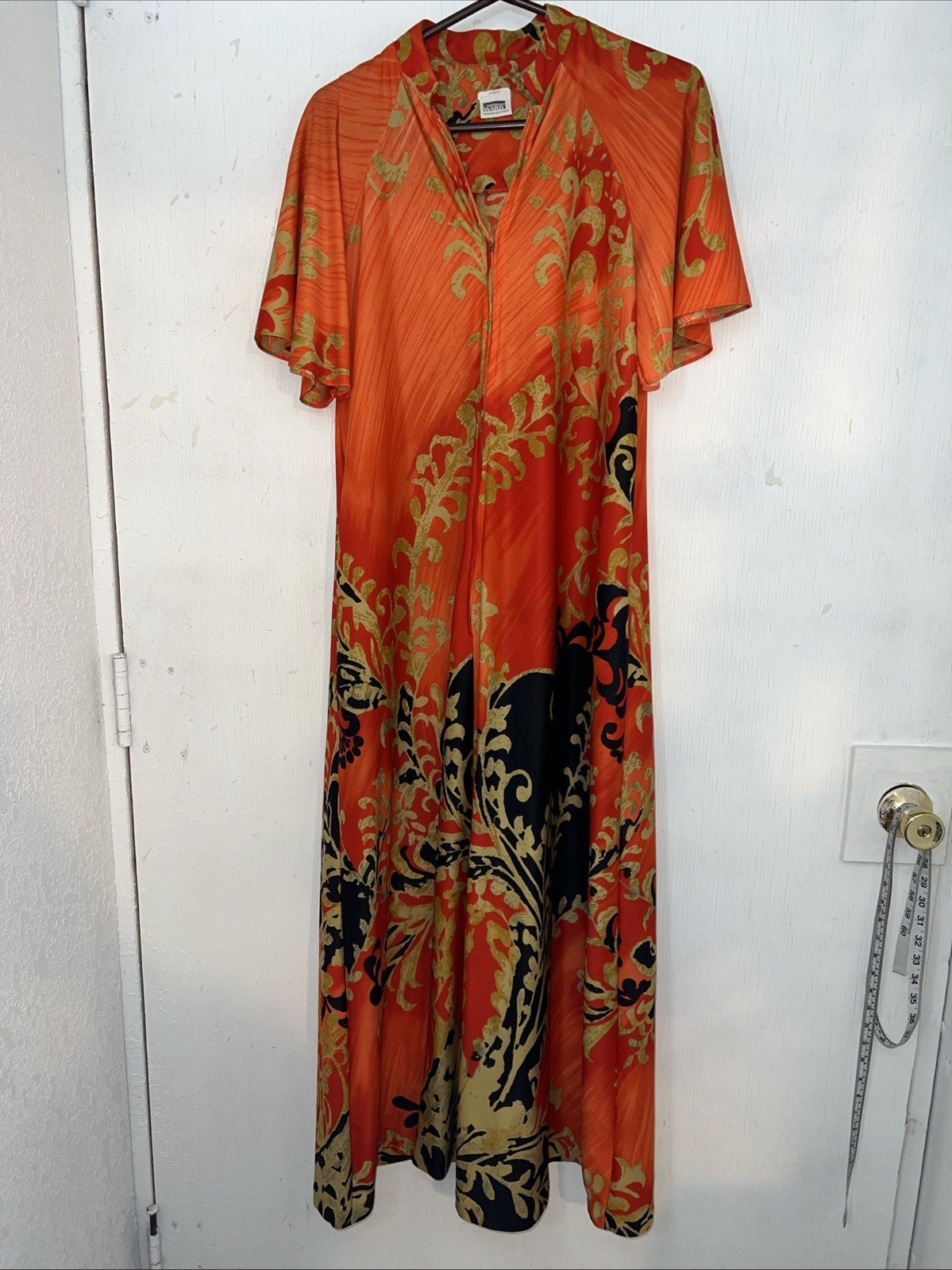 Vintage 70s Mumu Caftan House Dress Boho Maxi Length Tiki Orange Asian Zip