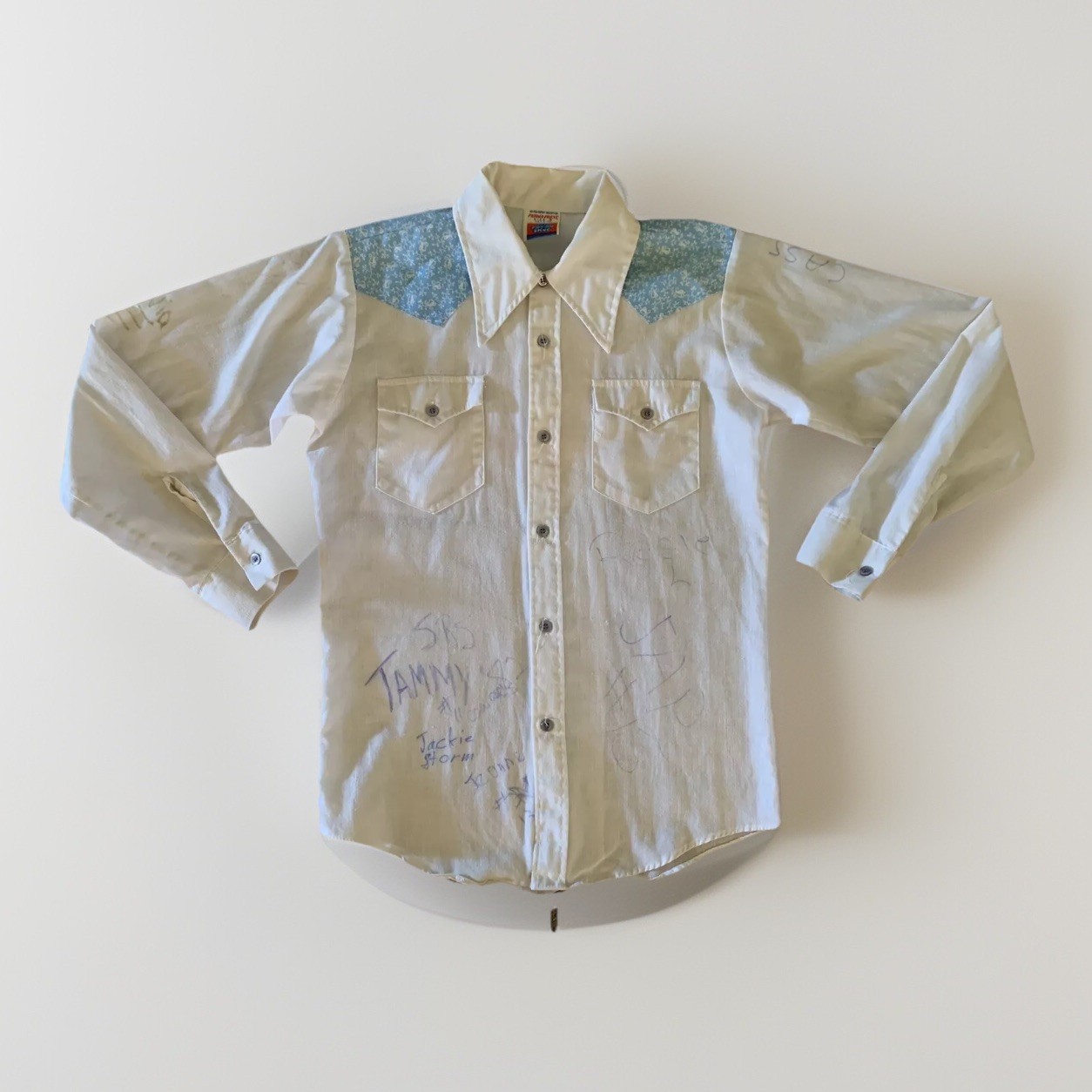 70s SEARS Put-On Shop AUTOGRAPH SHIRT Western Novelty Distressed School 80s VTG
