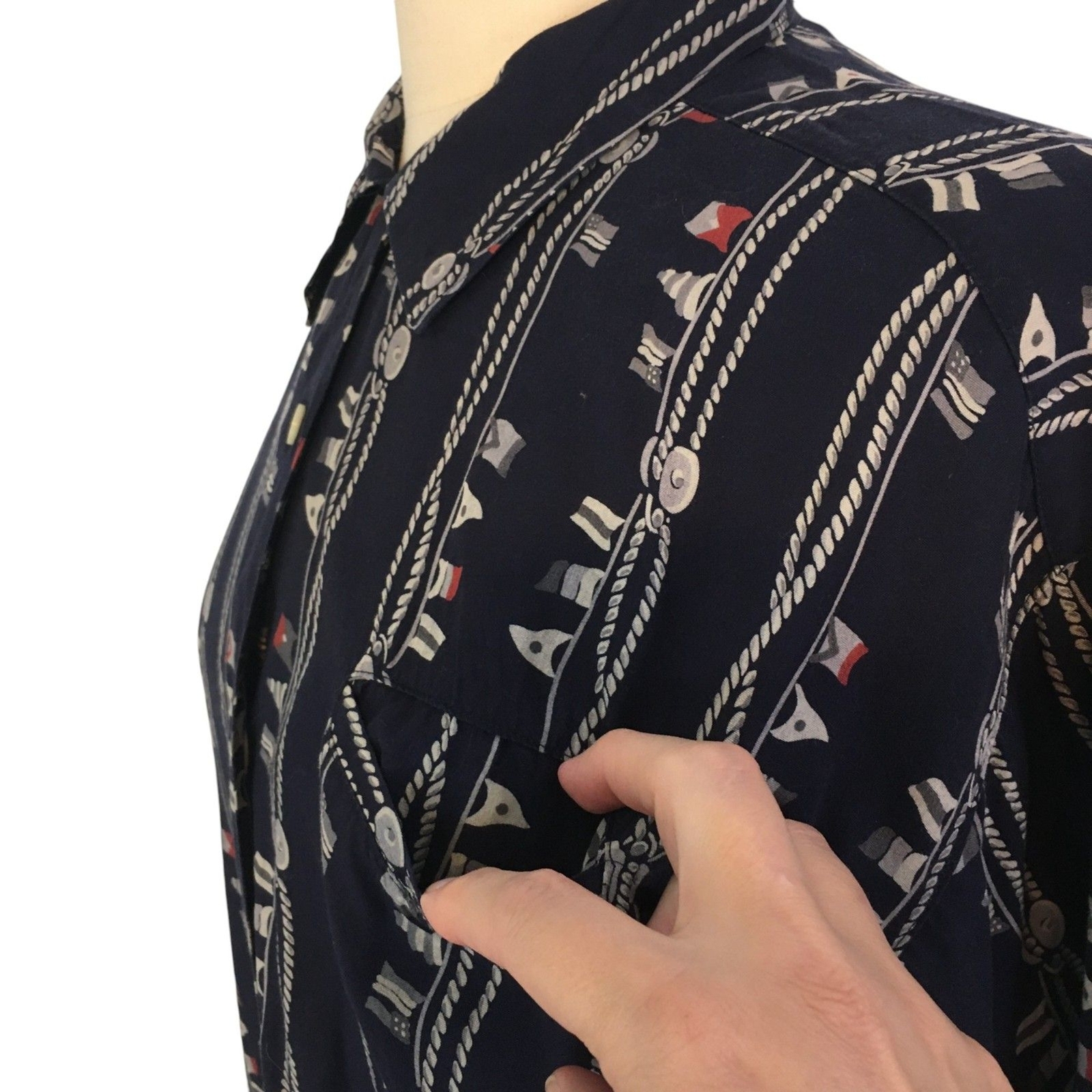 Espirit Sport Vintage 80s Navy Blue Nautical Print Button Front Shirt, Top sz S
