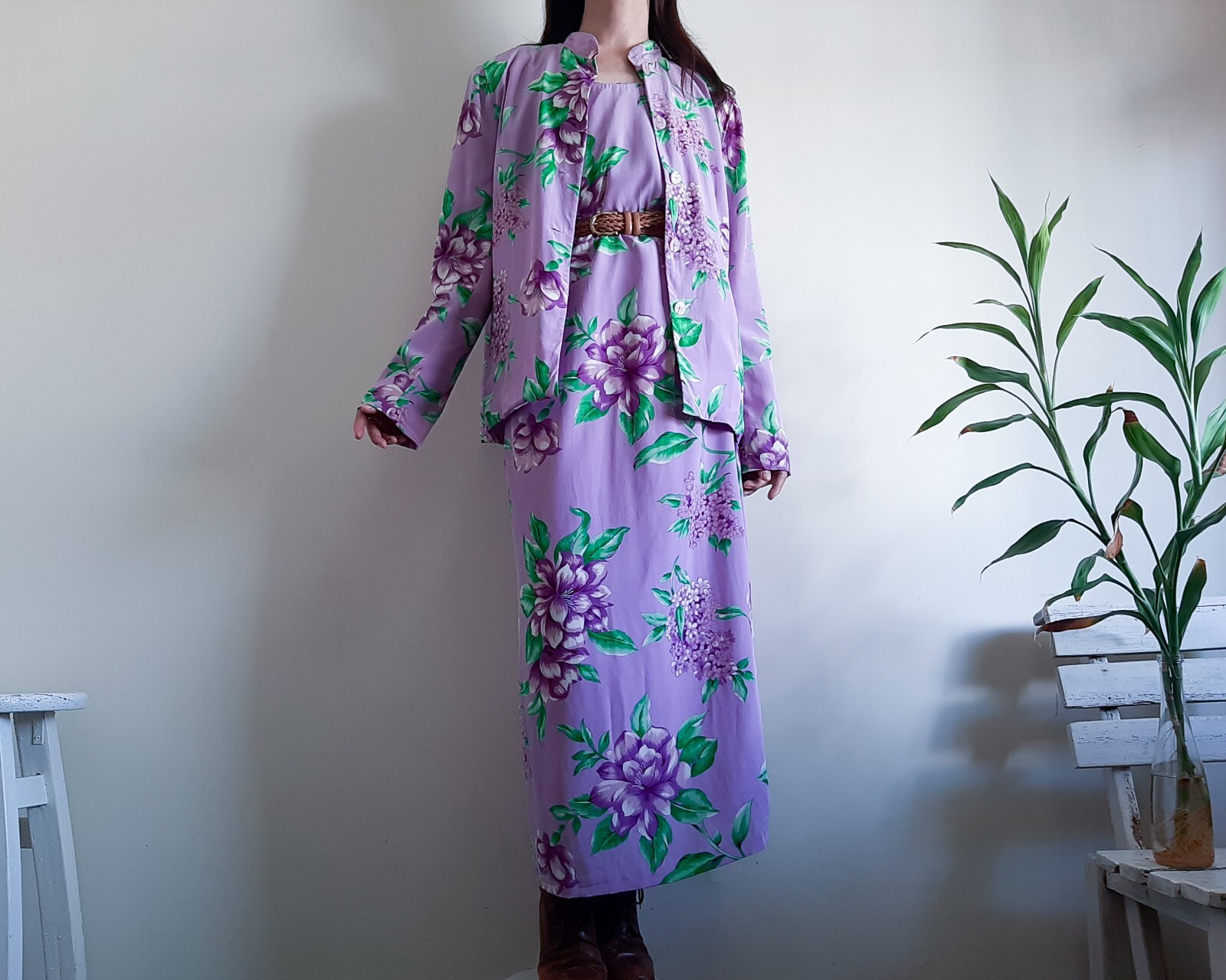 METRO STYLE Purple Floral 100% Silk Dress Jacket Set 2 Piece set Size 16 Size XL