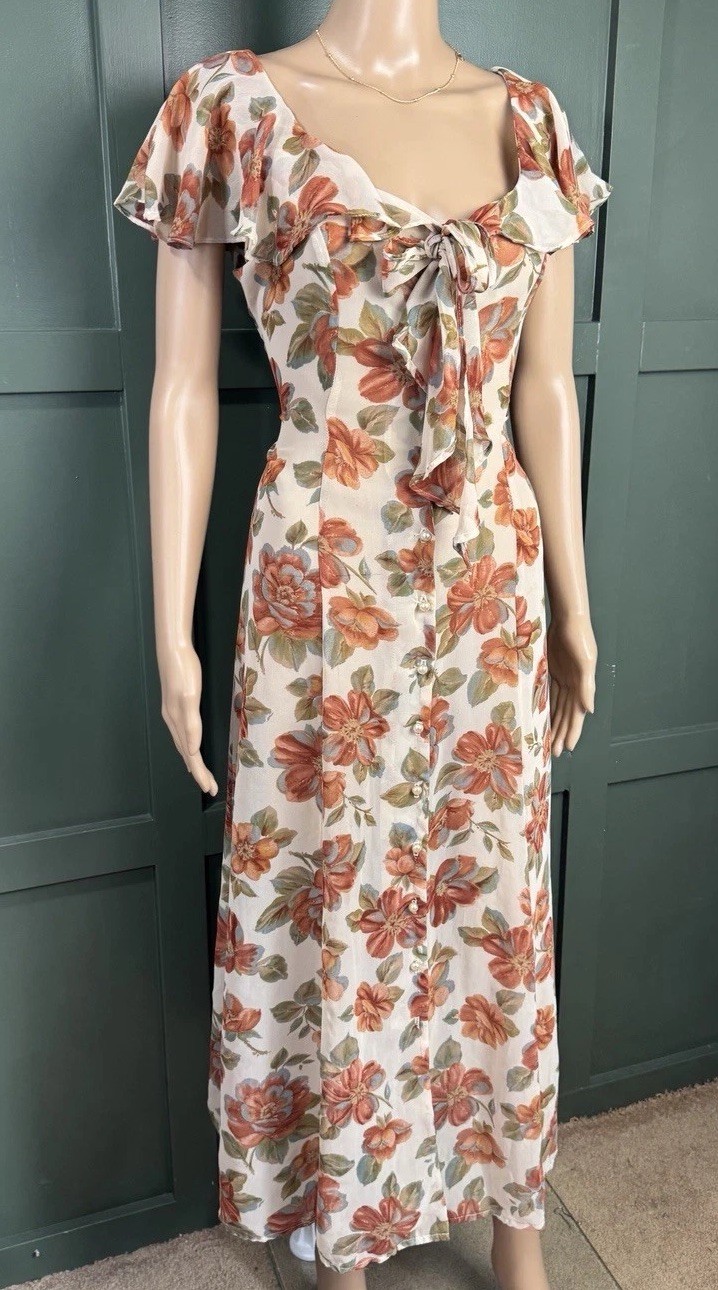 Paris Blues VTG 90s Floral Maxi Dress Sz 11 Cream Button Front Sheer Prairie