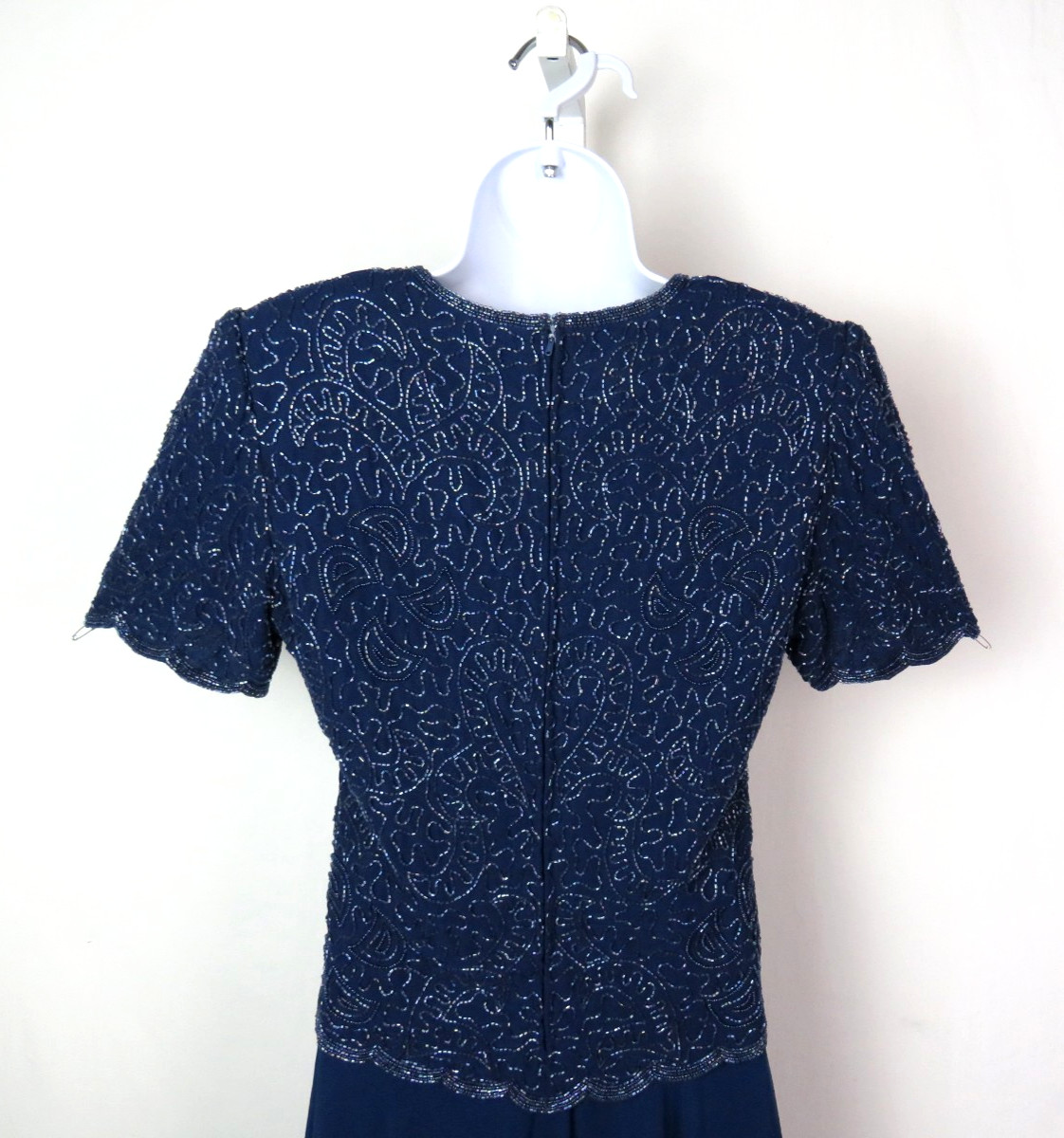 VTG 1980s BRILLIANTE BY JA BLUE BEADED DRESS SIZE PM POLY CHIFFON