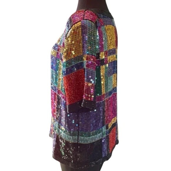 Vintage 80s Jean for Joseph Le Bon Silk Color block Beaded Sequined Blouse, Med
