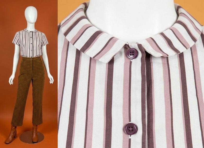 Vintage 60s Brown Striped Tailored Blouse Size M/L