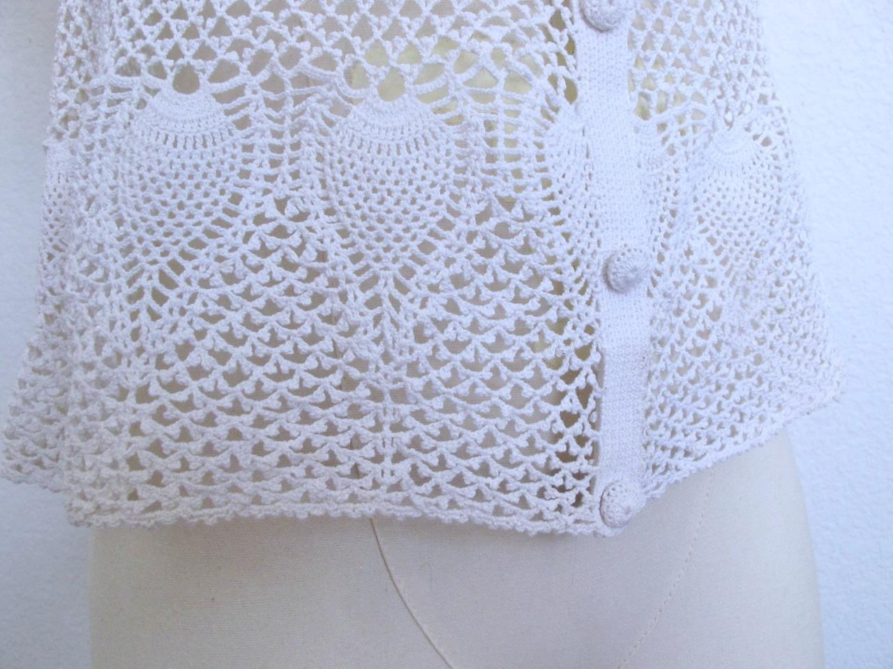 Vintage Hand Crocheted Button Down Cardigan Top S Cotton Openwork Lace Pineapple