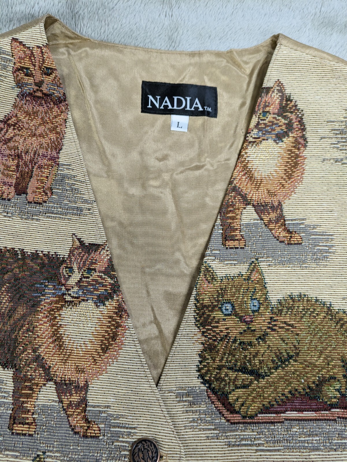 Vintage Nadia Embroidered KITTY CATS Tapestry Women’s LG Grandmacore Vest NEW