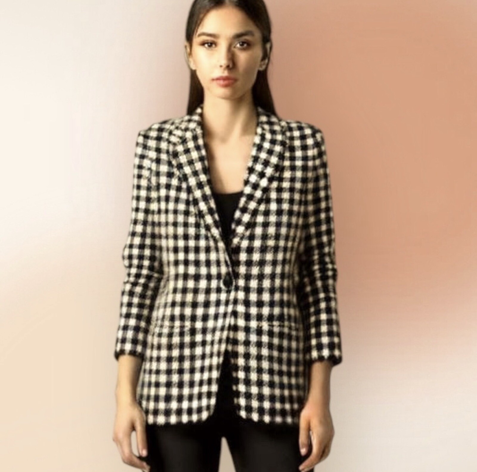 Harve Benard Vintage Black and Cream Houndstooth One Button Wool Blazer Size 8