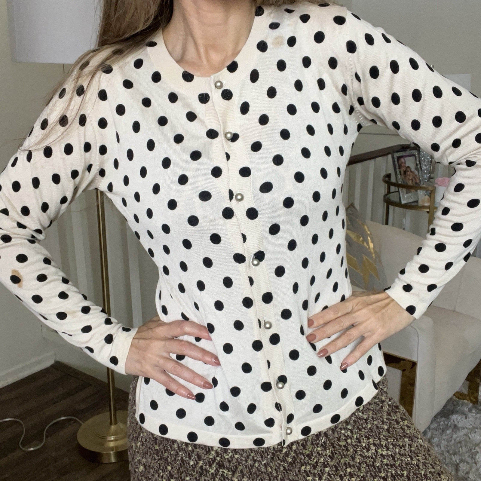 Entracte Vtg Silk Cashmere Polka Dot Crewneck FittedButton Up Knit Cardigan M