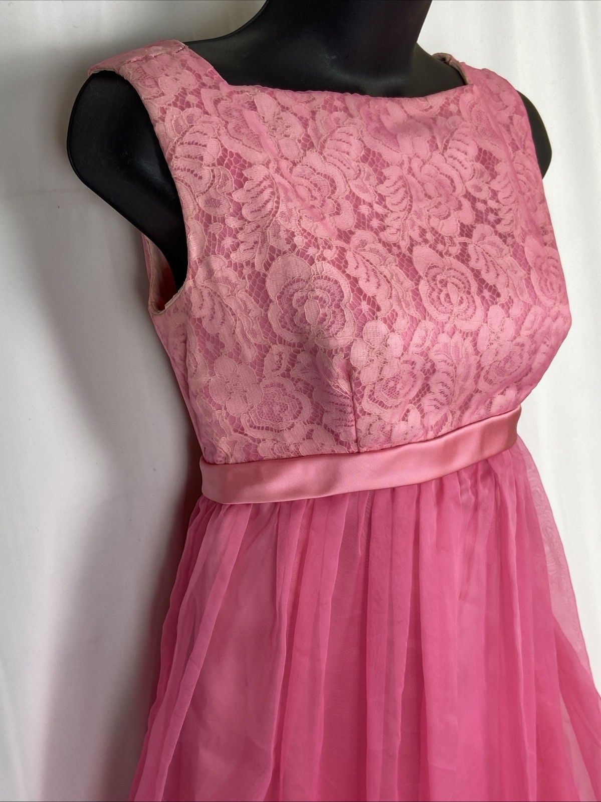 Vintage 60s Sleeveless Chiffon Dress Pink Lace Lined Bow Open Back Empire Waist
