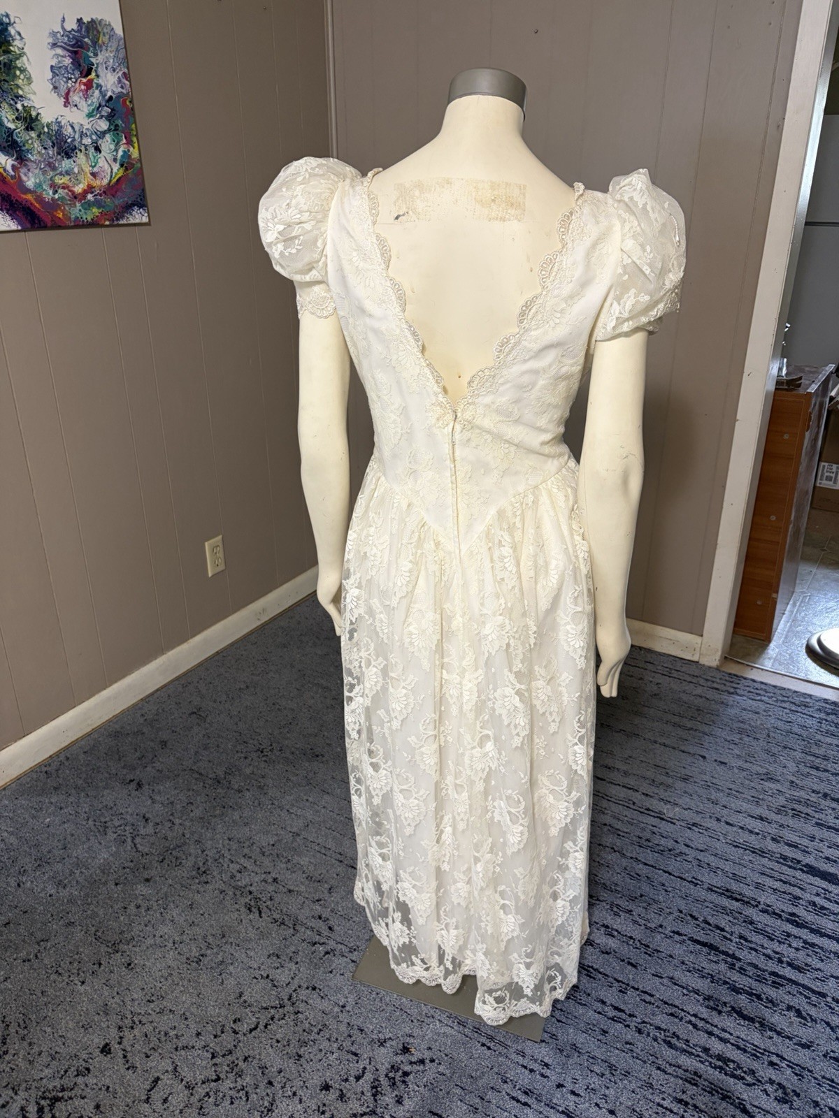 1990’s Puff Sleeve Lace Midi Wedding Dress Cottage Core Sz 12