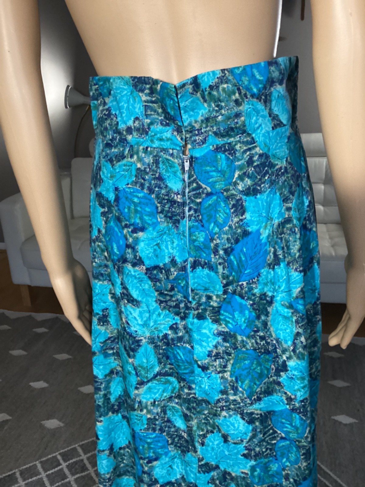 Vintage 50s 60s Turquoise Blue Leaf Pattern Cotton Long Maxi Skirt