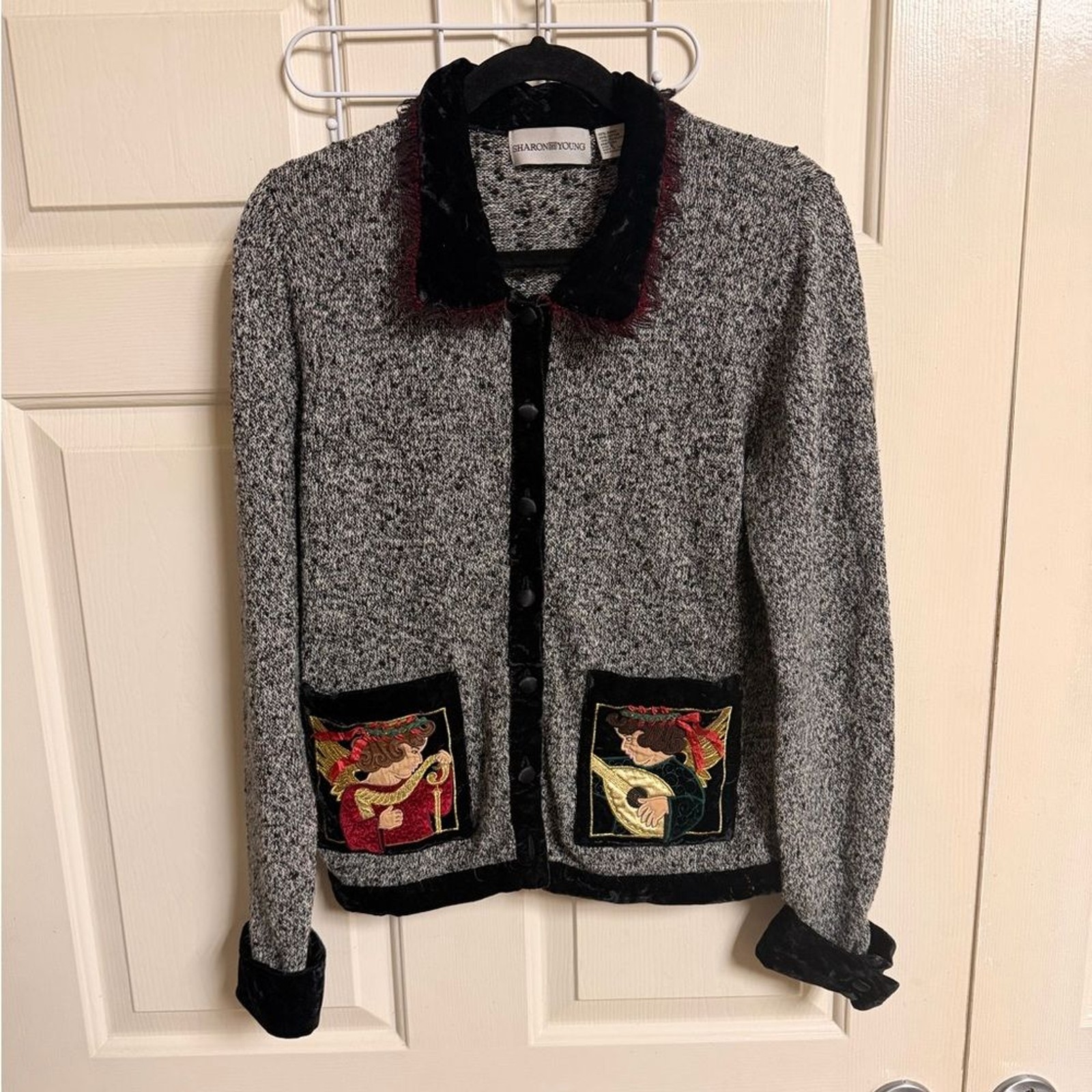 VTG 90s Sharon Young Ramie/Cotton Holiday Velvet Trim Sweater