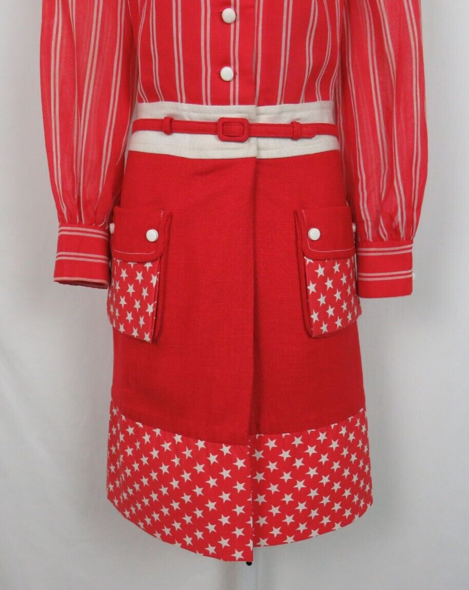 VTG 1950s HOWARD WOLF RED SHIRT DRESS WHITE STARS STRIPES BELT LINEN BLEND