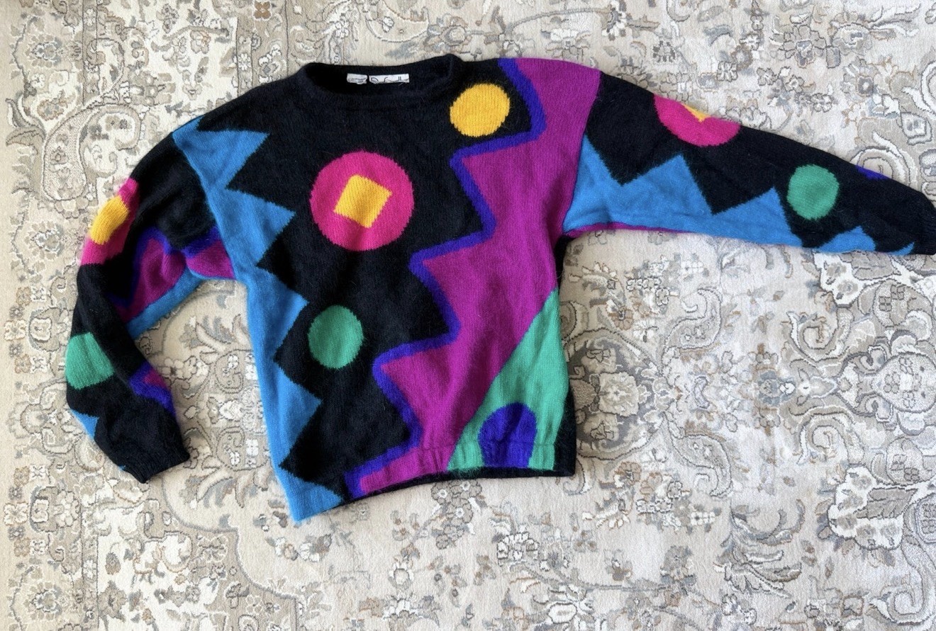 Rafaella 80s New Wave Sweater Angora Sweater, Bright Geometric Pattern sz Small