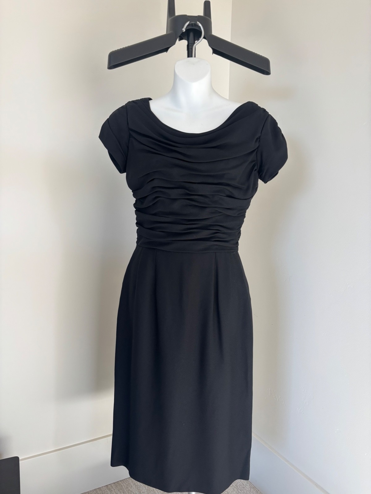 VTG 1950s Sophisticated Miami Casuals Black Crepe Wiggle Dress with Ruching XS/S