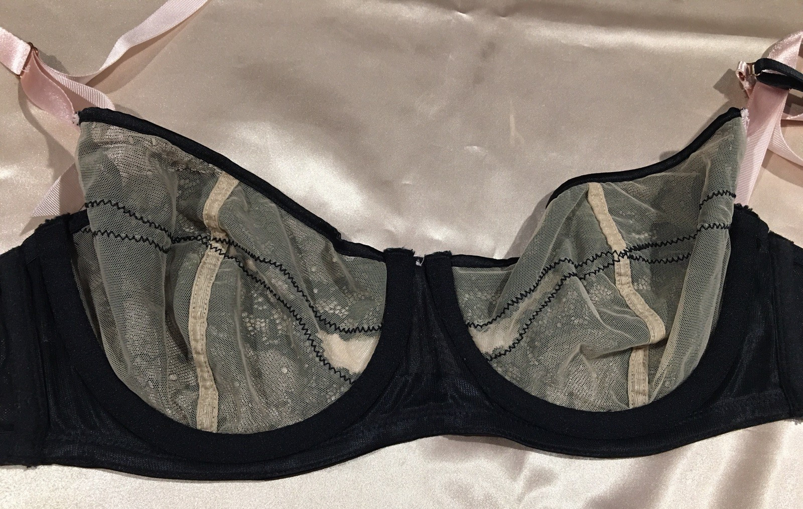 Vtg Cacique Pink Black Lace Nylon Underwire Bullet Bra 40 B New