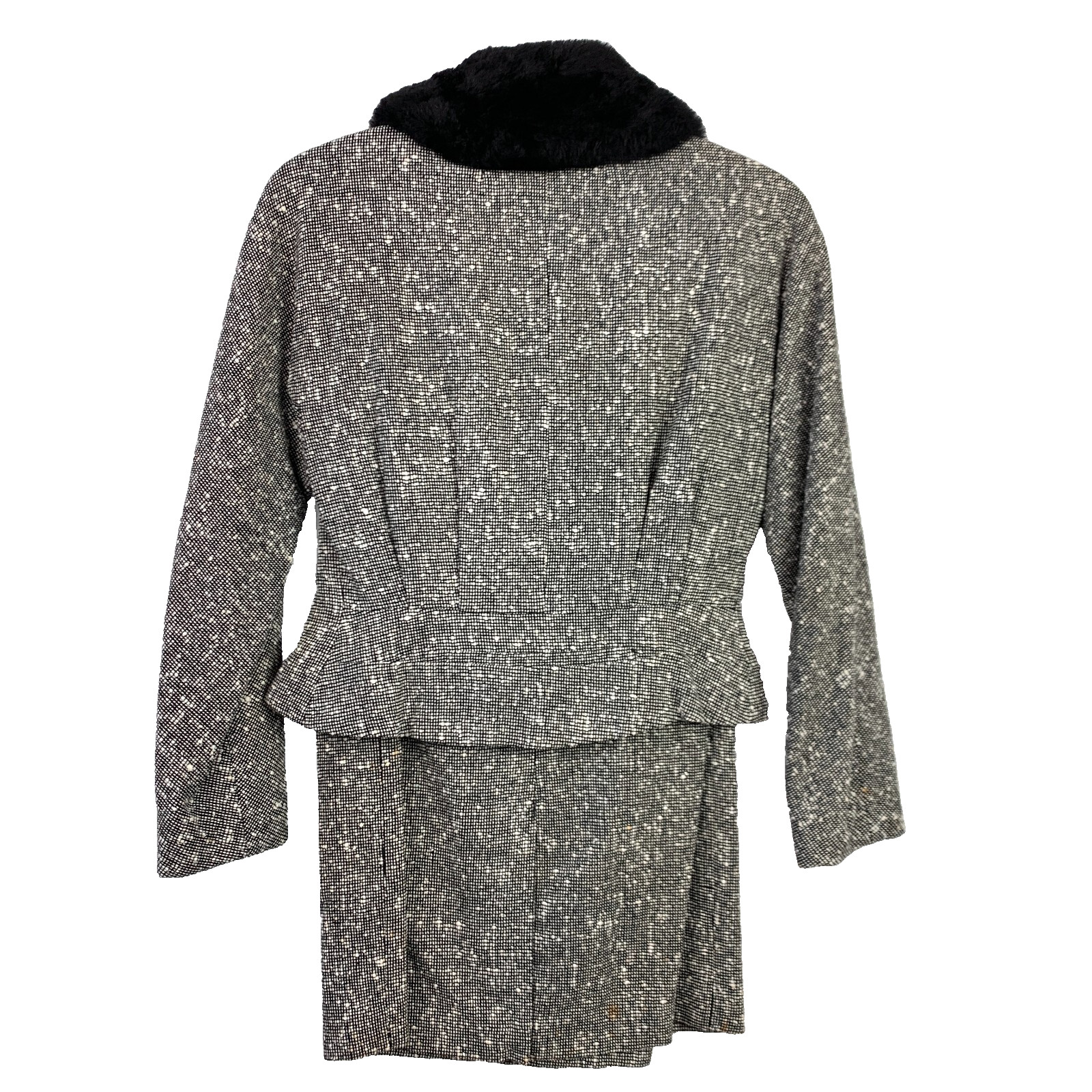 Vintage Black White Tweed Faux Fur Skirt Shirt Outfit Set Chest 34″