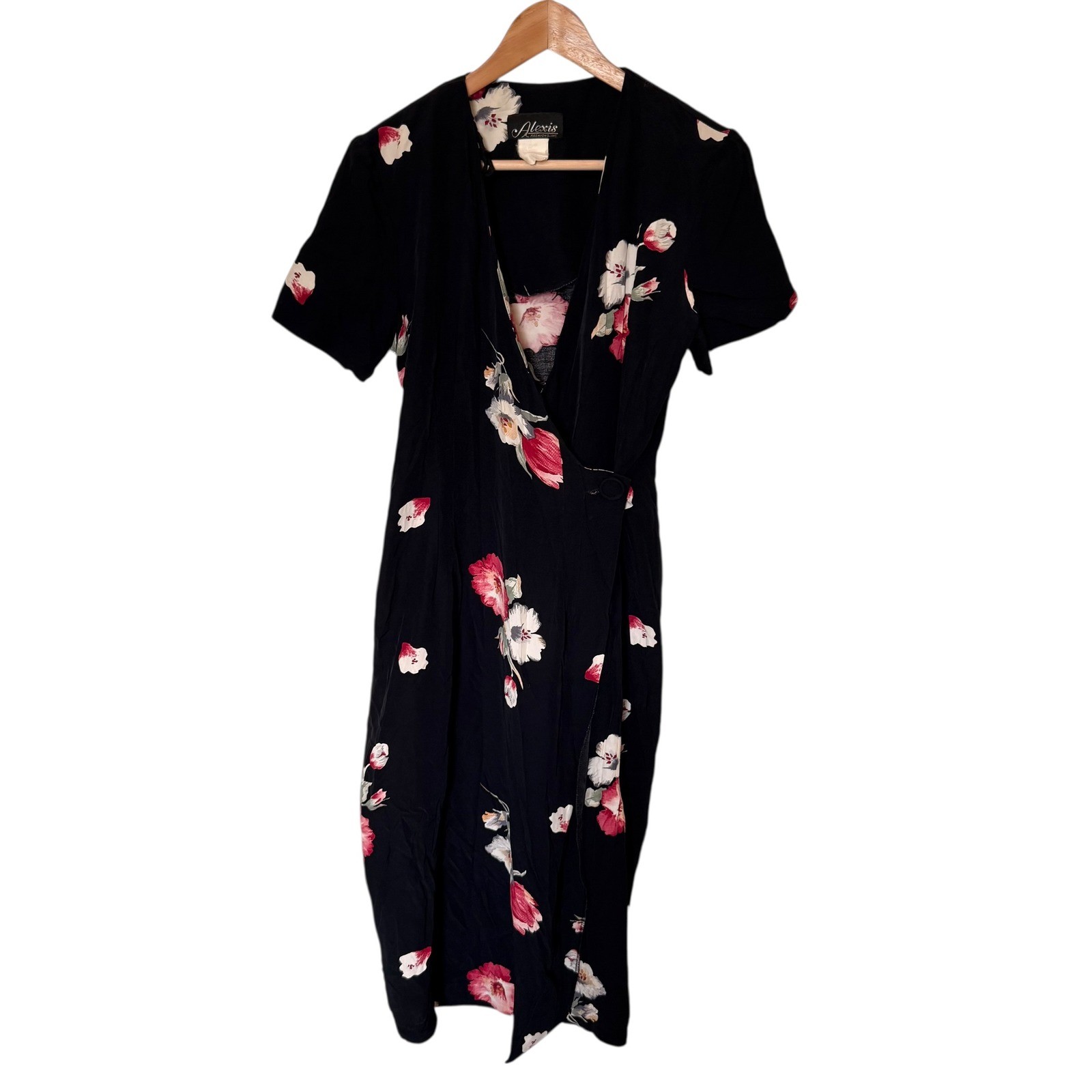Alexis Fashions Floral Wrap Dress Womens 12 Black Pink Good Vintage Rayon Midi