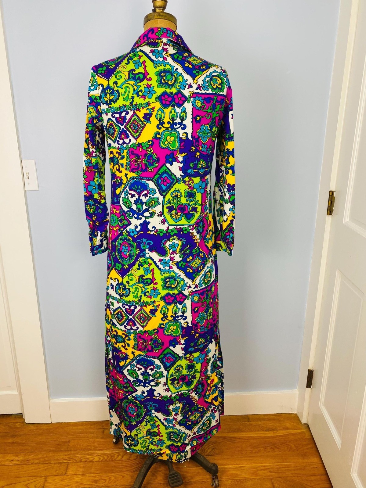 Vintage 1960s Prestige of Boston Colorful Maxi Dress, Size S/M, Button Front