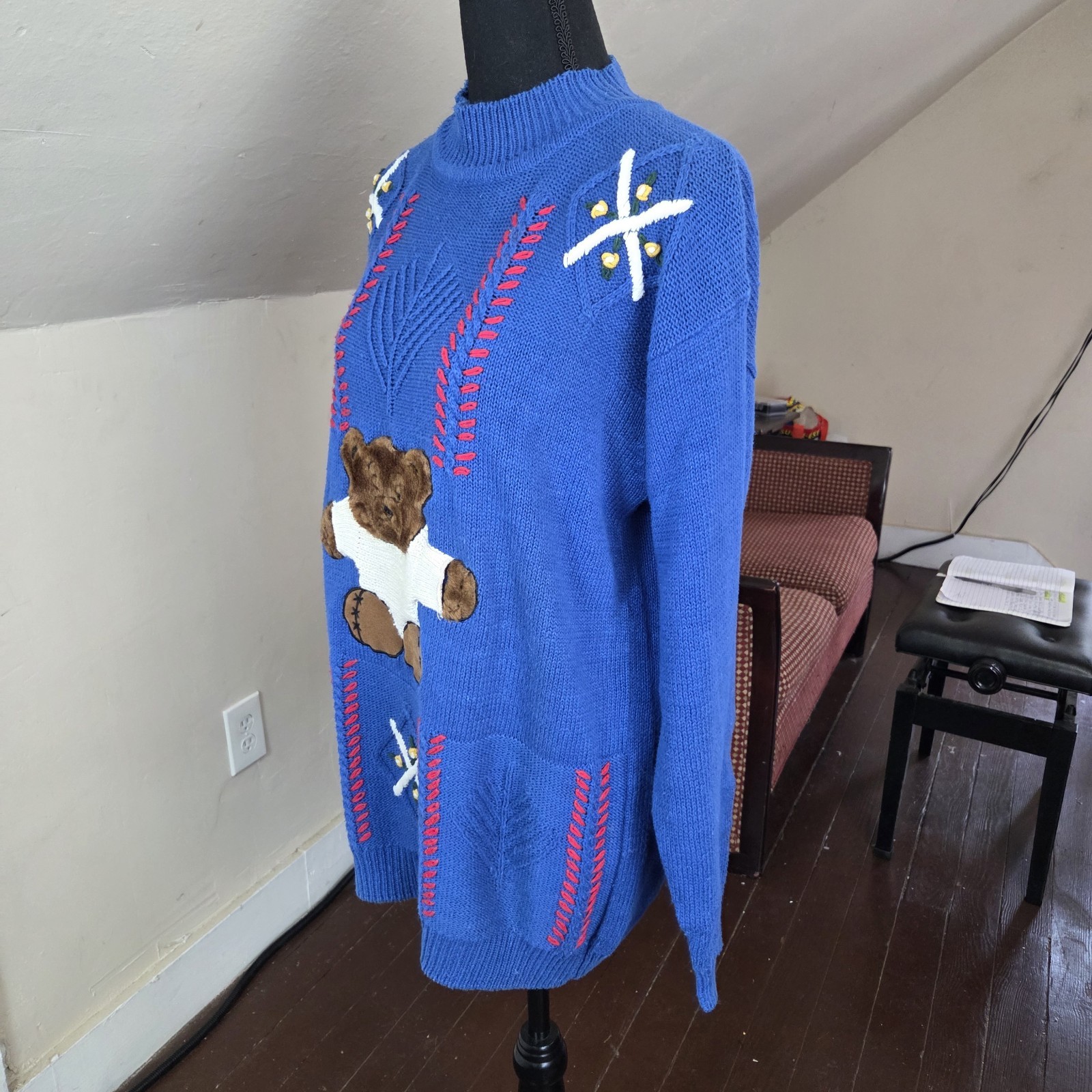VTG Max and Diane Teddy Bear Sweater Blue Knit Pullover 80s 90s Style M