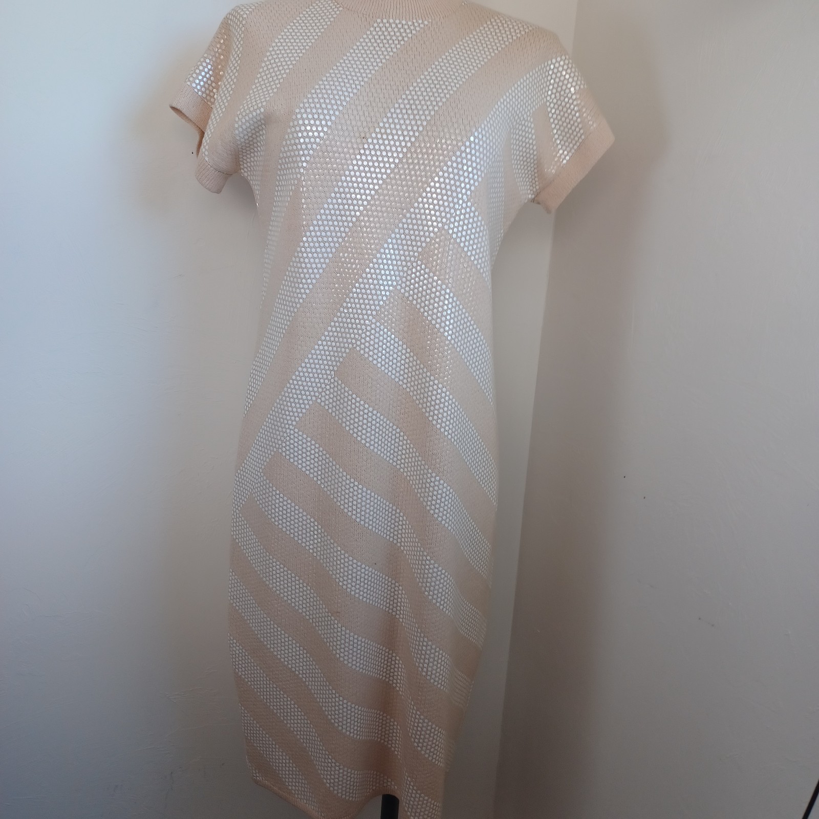 St John Saks Fifth Avenue Vintage Knit Sequin Geometric Dress Peach Sz 10 USA