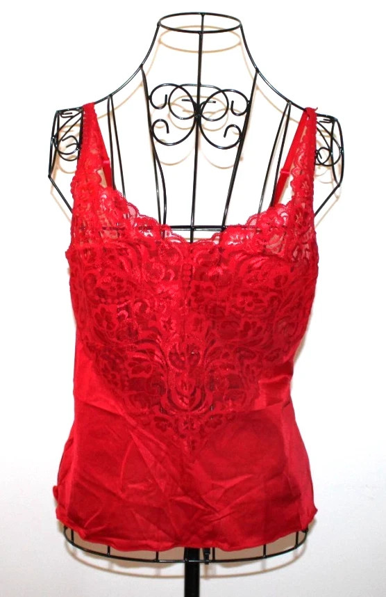 Vintage Vanity Fair Red Cami Camisole Slip Sz 36 M Stretch Lace & Nylon USA
