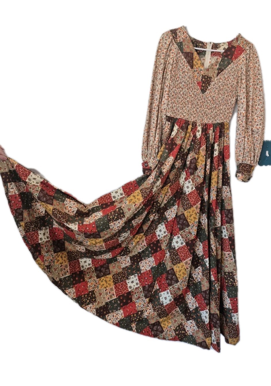 Prairie Denise Patchwork Print Long Maxi Dress Fall Cottage Elastic Stretch Read