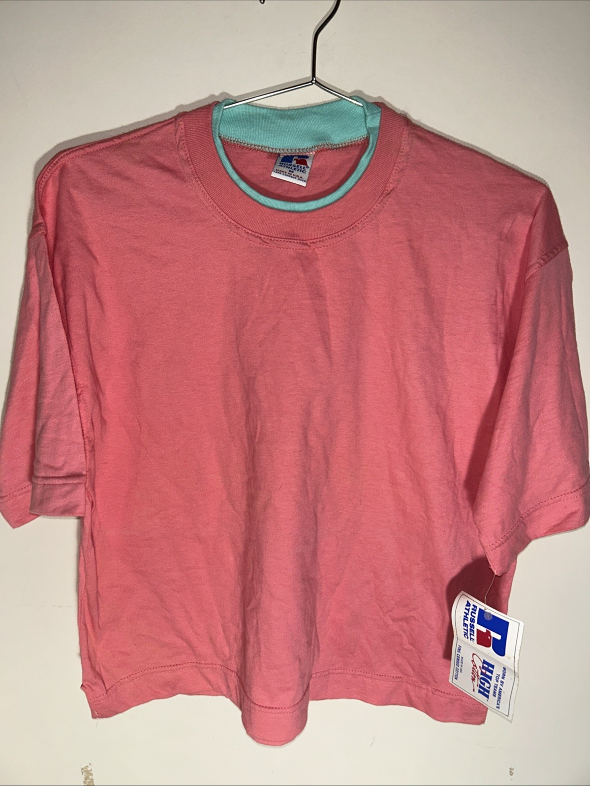 VTG Russell Athletic Womens M Barbie Cropped Shirt 2 Collar USA Combed Cotton