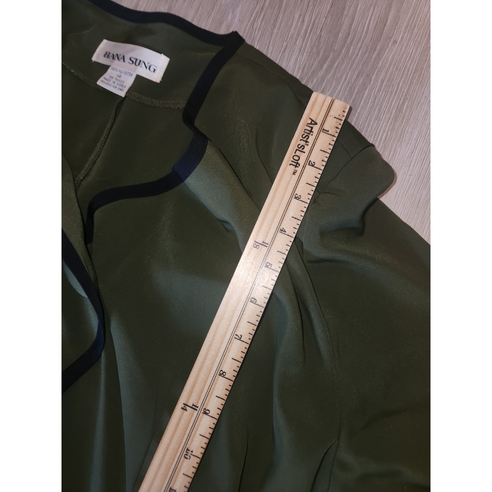 Hana Sung NEW Vintage Olive Green Wavy Trim Button Front Midi Dress Size 14
