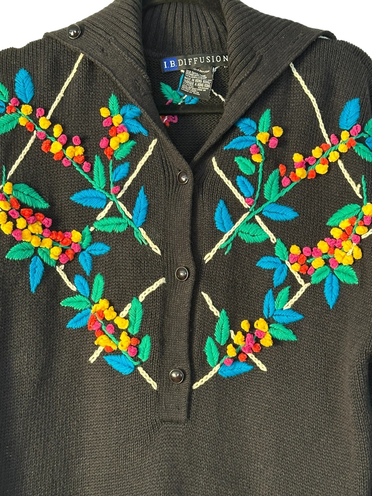 Vintage IB Diffusion Womans Black Cotton Sweater Colorful Multi Color Floral Med