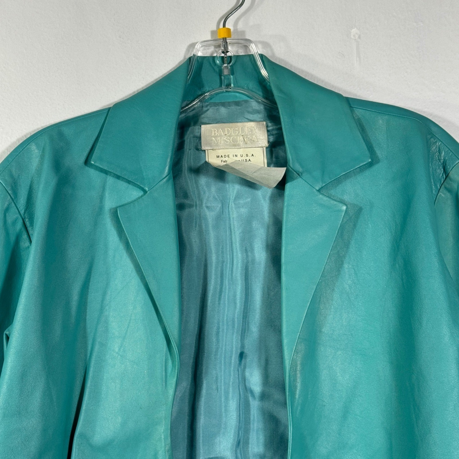 Badgley Mischka Vintage Teal Leather Jacket Silk Lined Cropped Tie Waist Sz M/8