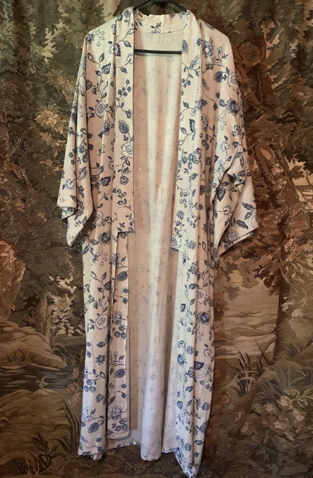 Vintage OOAK Linen Floral Maxi Full Length Kimono Wrap Robe Duster boho cottage