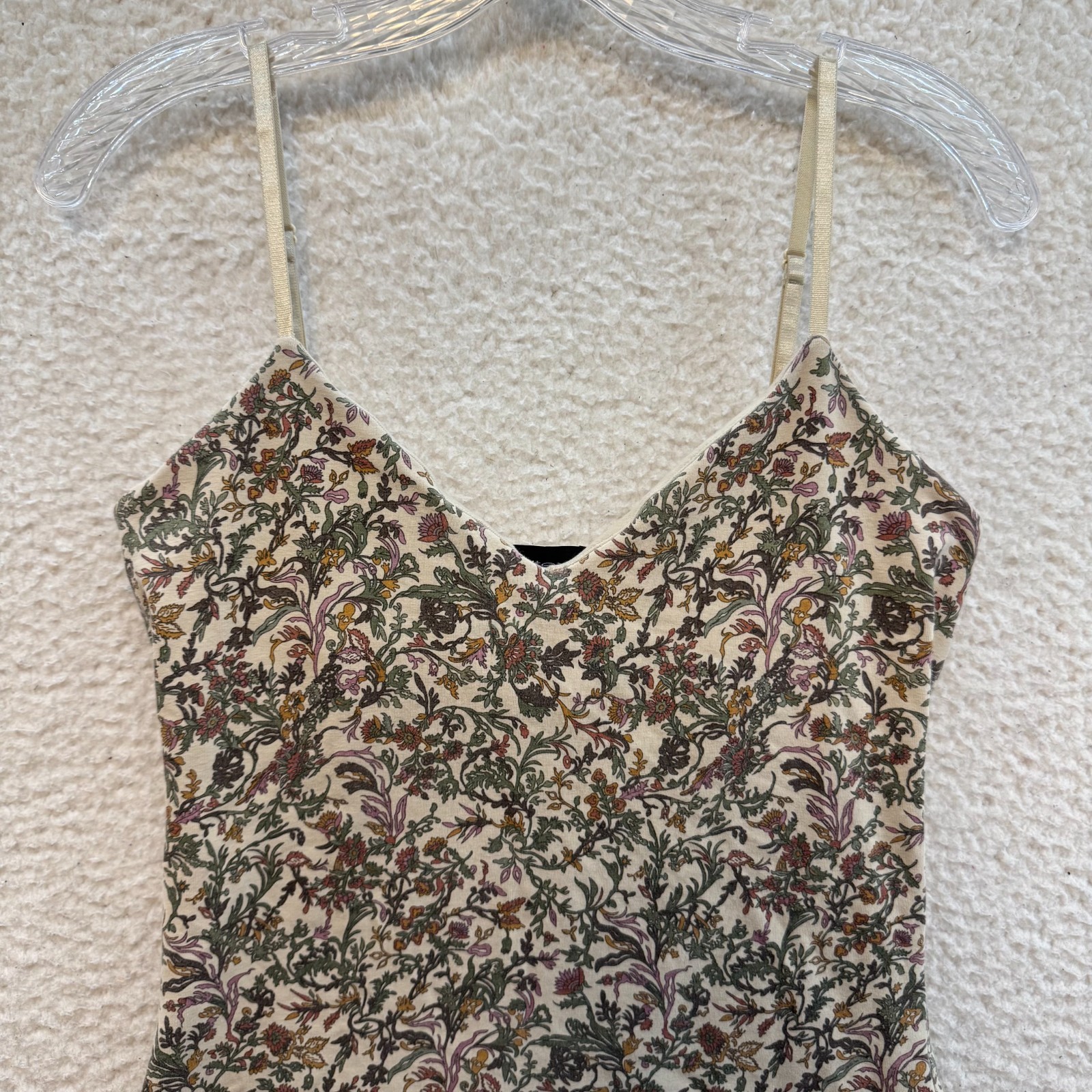 Y2K Vintage Camisole Tank Top Medium Beige Floral Boho Fairy Grunge Shelf Bra