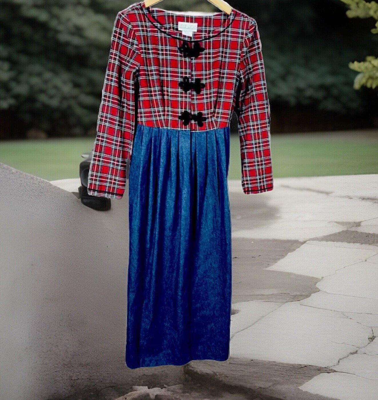 VTG 80s LESLIE LUCKS PRAIRIE MAXI DRESS RED PLAID W/ JEAN SKIRT SIZE 6 USA MADE