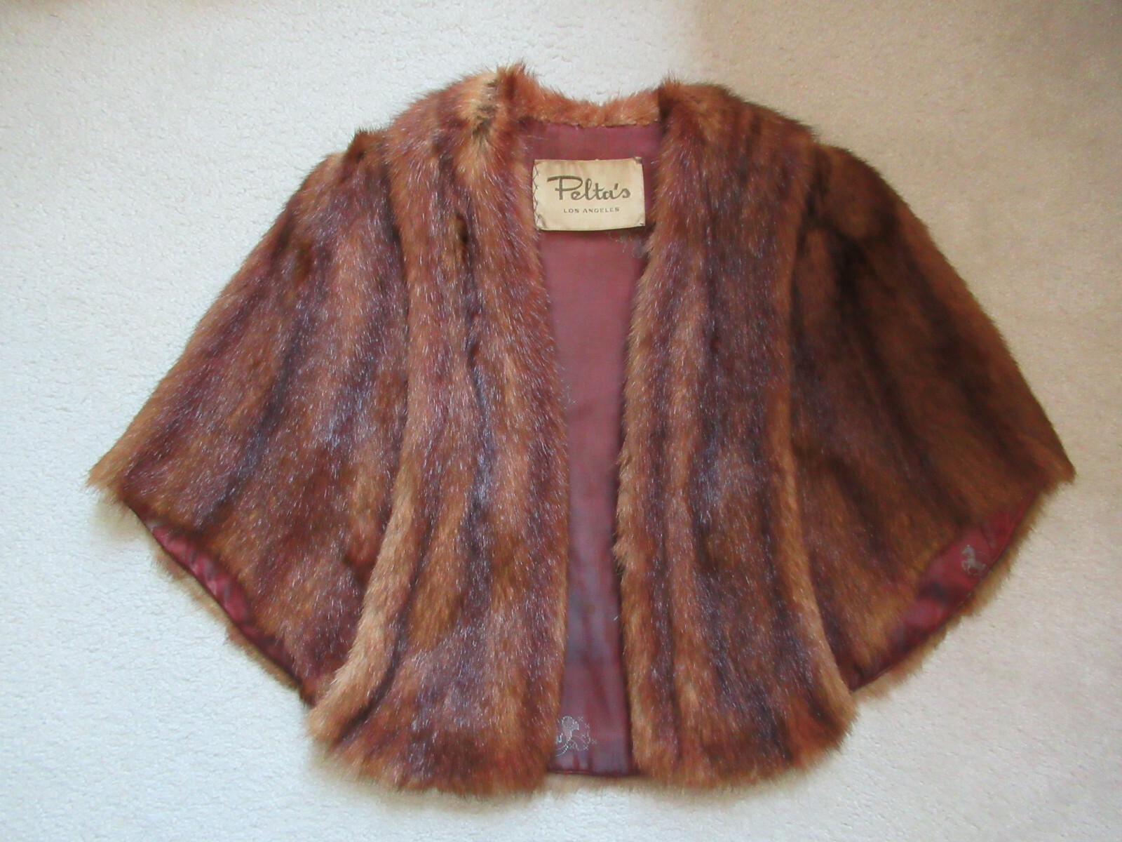 40’s 50’s Vintage Hollywood Glam Peltas LA Burgundy Brown Fur Stole Caplet Shawl