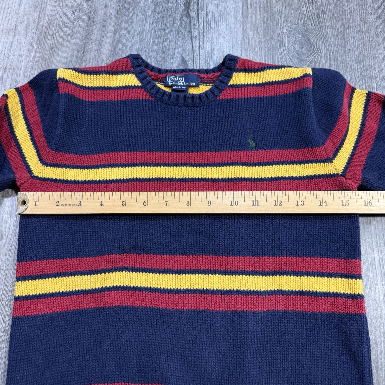 Vintage 90s Polo Ralph Lauren Striped Cotton Sweater Navy Red Yellow Youth M