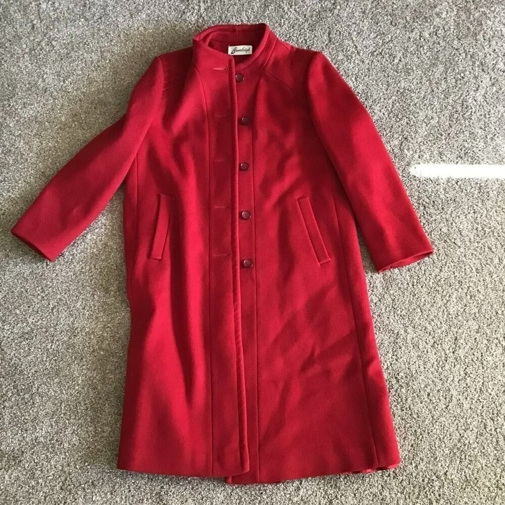 Bromleigh Vintage Red Wool Coat Stand Collar Button Front Satin Lined Women