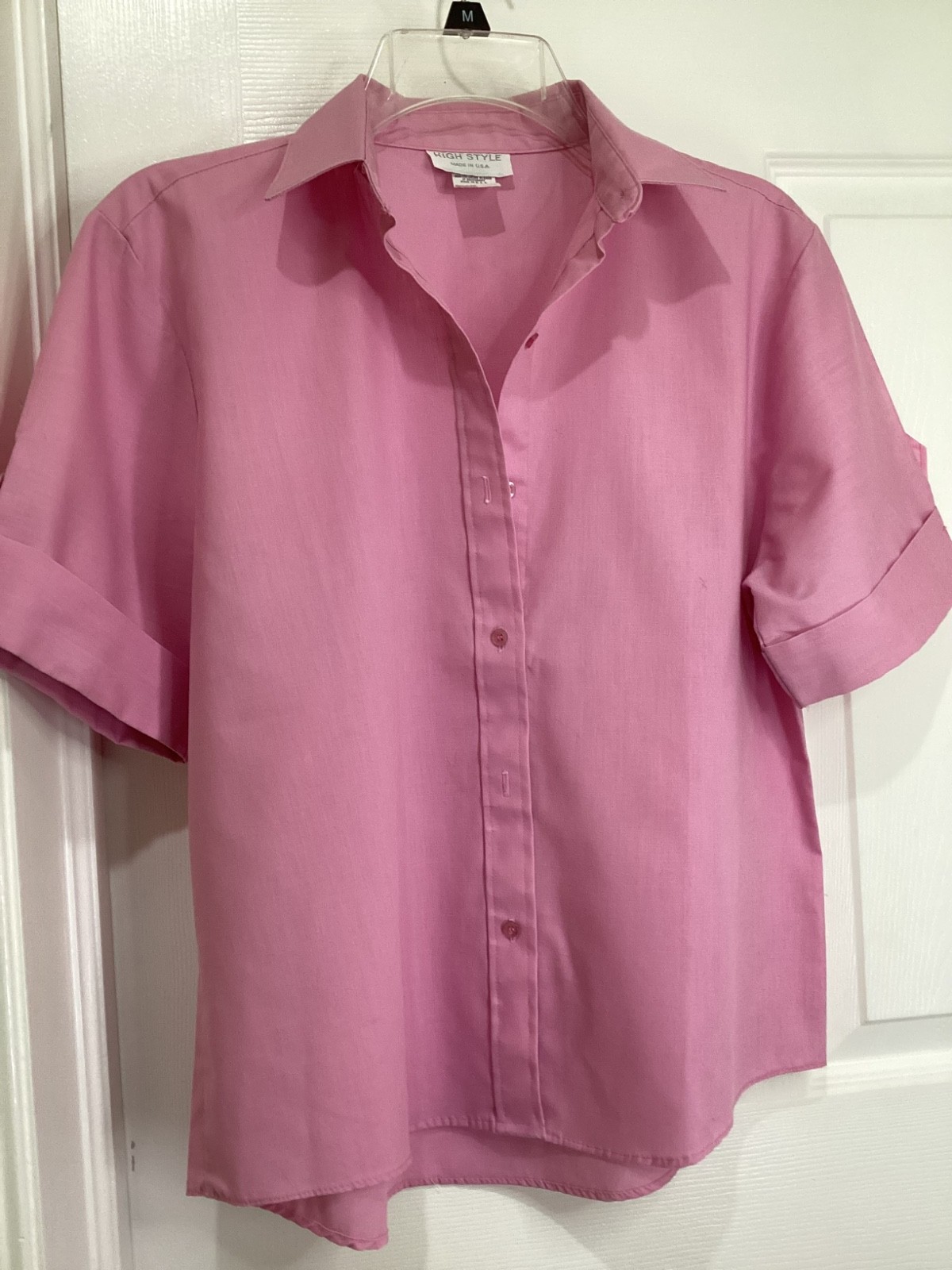 VTG 80s High Style Brand Pink Roll Tab Sleeve Button Shirt Mom Rockabilly~S/M
